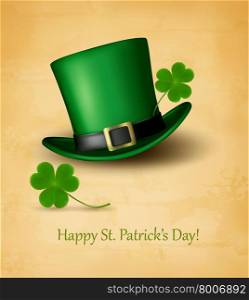 Saint Patrick&rsquo;s Day card with clove leaf and green hat. Vector illustration.