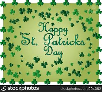Saint Patrick's Day greeting card with sparkled green clover leaves and text. Inscription - Happy St. Patricks Day