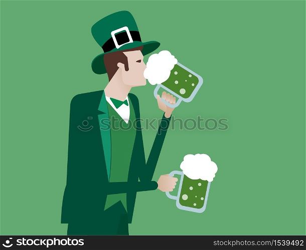 Saint Patrick&rsquo;s Day. Man is holding and drinking a green beer. Concept holiday culture celebration vector illustration