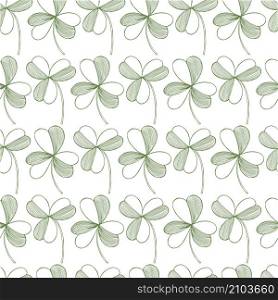 Saint Patrick&rsquo;s Day vector seamless pattern with green clover on white background. Sketch illustration. Saint Patrick&rsquo;s Day vector pattern .