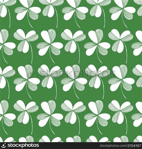 Saint Patrick&rsquo;s Day vector seamless pattern with green clover on white background. Sketch illustration. Saint Patrick&rsquo;s Day vector pattern .
