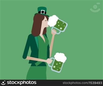 Saint Patrick&rsquo;s Day. Woman is holding and drinking a green beer. Concept holiday culture celebration vector illustration. Saint Patrick&rsquo;s Day. Woman is holding and drinking a green beer. Concept holiday culture celebration vector illustration