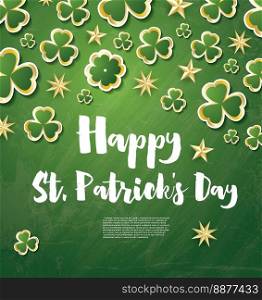 Saint Patrick’s Day Background with Clover Leaves and Golden Stars. Vector Illustration.