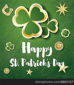 Saint Patrick’s Day Background with Clover Leaves, Golden Stars and Coins. Vector illustration.