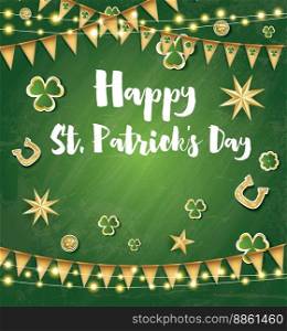 Saint Patrick’s Day Background with Golden Flags, Stars and Clover Leaves. Vector Illustration.