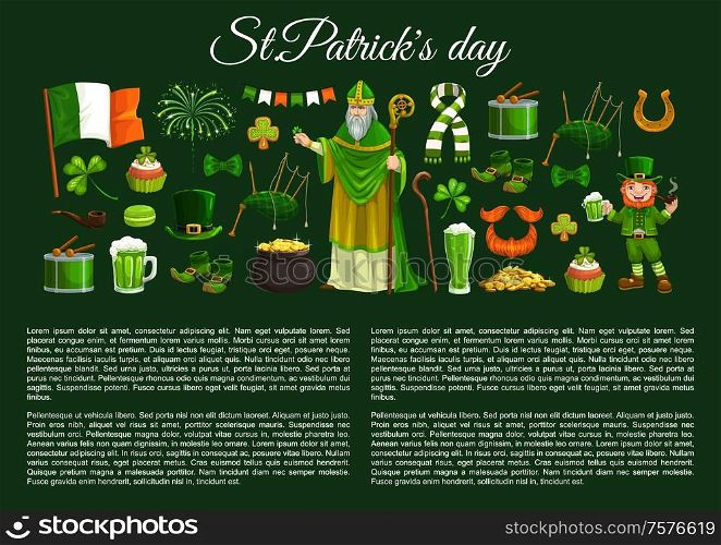 Saint Patrick with Irish religious holiday symbols. Vector leprechaun, clover and hat, pot of gold, shamrock leaf and green beer, lucky horseshoe, golden coins, flag of Ireland and celtic man beard. St Patrick, leprechaun, clover and pot of gold