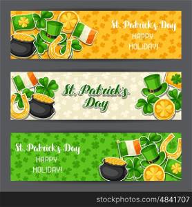 Saint Patricks Day banners. Flag Ireland, pot of gold coins, shamrocks, green hat and horseshoe.