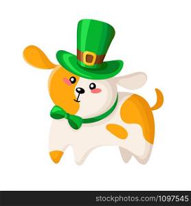 Saint Patricks Day cartoon cute dog or puppy in green bowler hat and bow tie, funny domestic animal or pet in festive costume, vector isolated icon on white. St. Patrick&rsquo;s Day cartoon