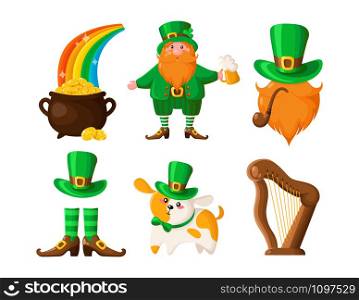 Saint Patricks Day cartoon leprechaun, pot of gold coins, cute dog or puppy in green hat, smoking pipe, bowler hat, harp, boots, vector set isolated on white. Saint Patricks Day cartoon set