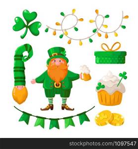 Saint Patricks Day cartoon shamrock, clover leaf, leprechaun with beer cup, dwarf, decorative garland, flags, gift box and golden coins, sweet holiday cake, vector set isolated on white. Saint Patricks Day cartoon set