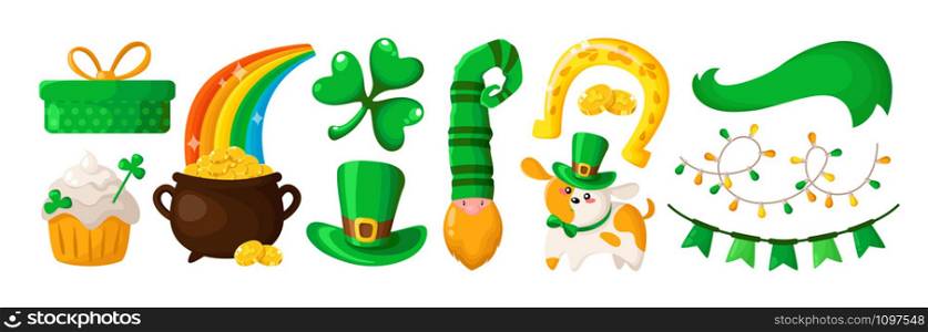 Saint Patricks Day cartoon shamrock, cute puppy, dwarf or leprechaun in green hat, decorative garland, flags, ribbon, gift box and golden coins pot, sweet holiday cake, vector set isolated on white. Saint Patricks Day cartoon set