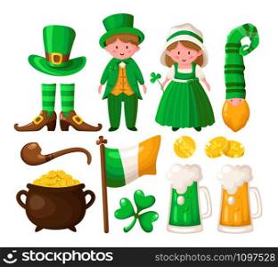 Saint Patricks Day cartoon shamrock, leprechaun, a pot of gold coins, cute boy and girl in green retro costumes, smoking pipe, bowler hat, beer or ale, vector set isolated on white. Saint Patricks Day cartoon