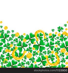 Saint Patricks Day floral background with text place, border frame - cartoon shamrock or clover leaves, horseshoe, golden coins, backgroup with folk holiday symbols or festive decorations, vector. Saint Patricks Day cartoon