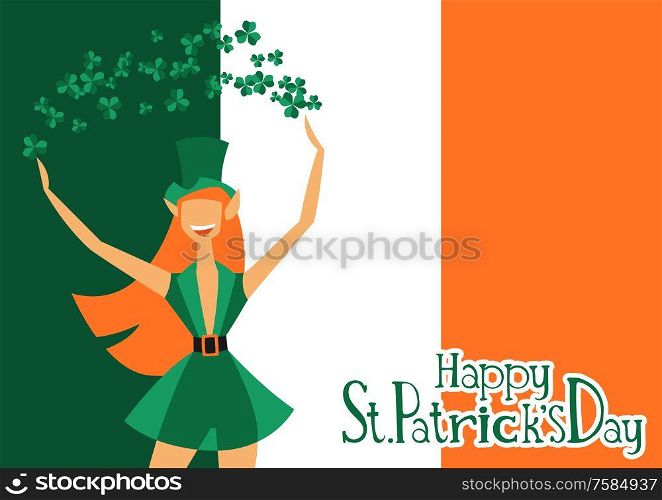 Saint Patricks Day greeting card with leprechaun girl. Holiday illustration with Irish symbol.. Saint Patricks Day greeting card with leprechaun girl.
