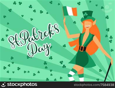Saint Patricks Day greeting card with leprechaun girl. Holiday illustration with Irish symbol.. Saint Patricks Day greeting card with leprechaun girl.