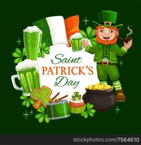 Saint Patricks Day holiday symbols in round frame. Vector leprechaun in hat drinking beer and smoking pipe, pot of gold, shamrock three leaf clover. Ireland flag and green cookies, drumstick. Leprechaun and Patricks feast holiday symbols