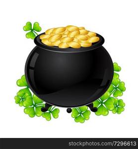Saint Patricks Day illustration. Pot and gold with clover. Irish festive national items.. Saint Patricks Day illustration. Pot and gold with clover.