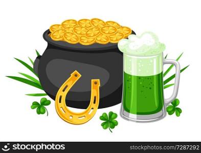 Saint Patricks Day illustration. Pot beer and horseshoe with clover. Irish festive national items.. Saint Patricks Day illustration. Pot beer and horseshoe with clover.