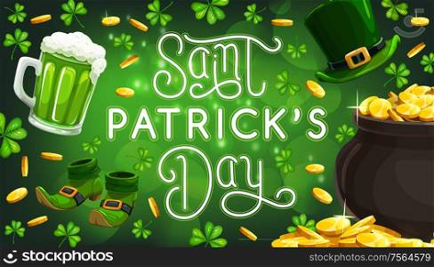 Saint Patricks Day Irish holiday symbols. Vector cauldron or pot with gold, leprechaun hat and shoes, green ale beer mug. Green shamrock three leaves clover, golden coins. Patricks Day leprechaun golden coins, hat, shoes