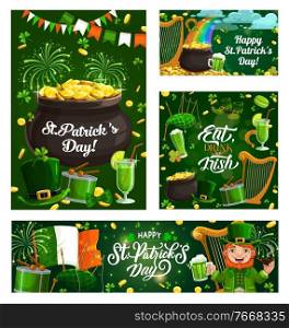 Saint Patricks day lettering and Irish religion holiday symbols. Vector fireworks and pot of gold, rainbow and cloud, rain of golden coins and shamrock leaves. Leprechaun and mug of beer, drum, harp. Irish religious holiday St. Patricks day symbols