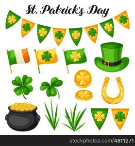 Saint Patricks Day objects. Flag Ireland, pot of gold coins, shamrocks, green hat and horseshoe.