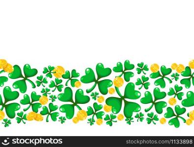 Saint Patricks Day seamless border frame - cartoon shamrock or clover leaves and golden coins, border pattern on white background, traditional folk holiday symbols or festive decorations, vector. Saint Patricks Day cartoon