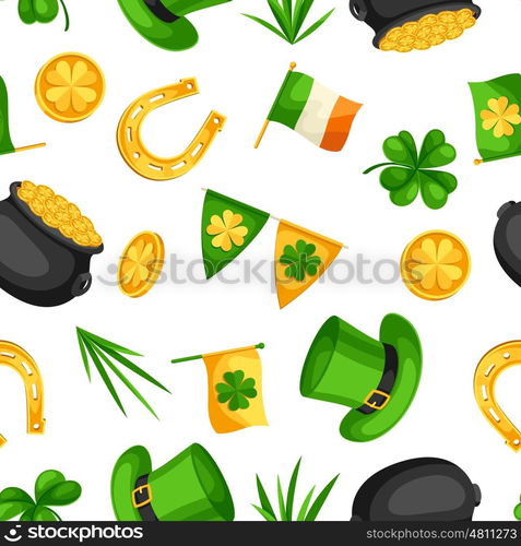 Saint Patricks Day seamless pattern. Flag Ireland, pot of gold coins, shamrocks, green hat and horseshoe.