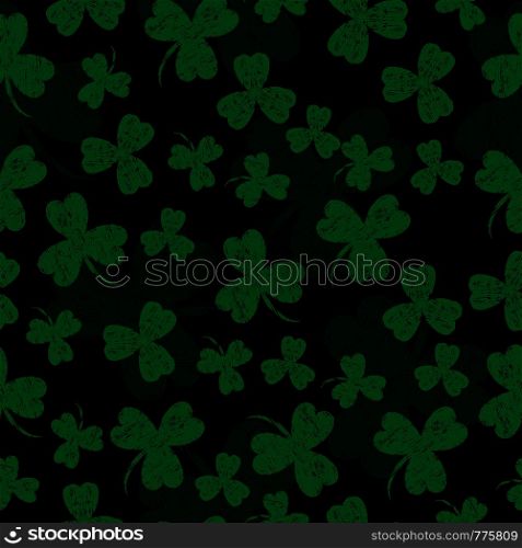 Saint Patricks Day. Vector illustration. Black background with a shamrock. Seamless Pattern. Grunge effect, scrapes. Saint Patricks Day. Black background shamrock