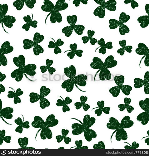 Saint Patricks Day. Vector illustration. White background with a shamrock. Seamless Pattern. Grunge effect, scrapes. Saint Patricks Day. White background shamrock