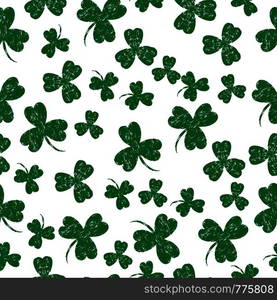 Saint Patricks Day. Vector illustration. White background with a shamrock. Seamless Pattern. Grunge effect, scrapes. Saint Patricks Day. White background shamrock