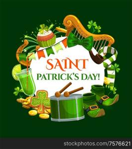 Saint Patricks day, vector leprechaun gold coins, shoes with golden buckle and horseshoe. Irish Celtic holiday green ale beer, shamrock clover leaf and Ireland flag. St Patricks day celebration. Saint Patrick day, gold coins and leprechaun shoes