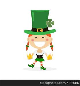 Saint Patricks day with girl in traditional dress and headgear. Ireland celebration festival irish and lucky theme. Flat vector illustration