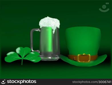 Saint patricks hat and clover on green background