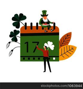 Saint Patricks holiday in spring season, calendar and date vector. March event celebrated in Ireland, Irish symbols of luck and prosperity, shamrock green leaf. Man and dwarf wearing costume. Saint Patricks holiday in spring season, calendar and date