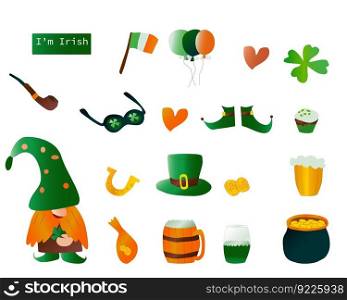 Saint Patriks Day icons, leprechaun, luck, flag, irish. Vector illustration on white bacground. 
