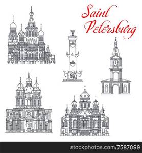 Saint Petersburg and Russia travel landmark vector icons. Church of Savior on Spilled Blood, Smolny Cathedral and Church of Assumption of Blessed Mary, Rostral Columns, Bell Tower of Anna Church. Travel landmarks of Saint Petersburg architecture
