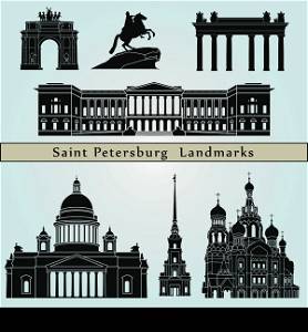 Saint Petersburg landmarks and monuments isolated on blue background in editable vector file