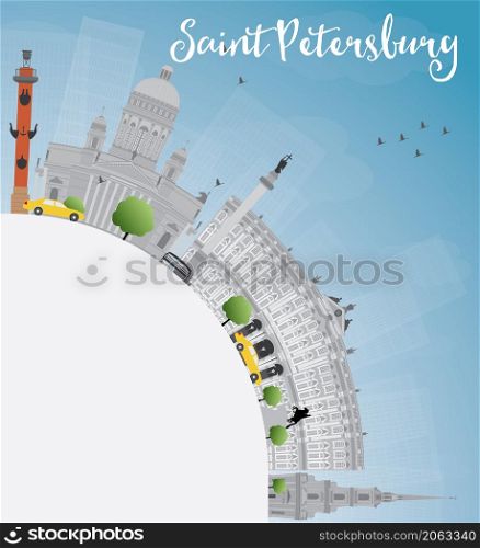 Saint Petersburg skyline with gray landmarks and copy space. Business travel and tourism concept with historic buildings. Image for presentation, banner, placard and web site. Vector illustration