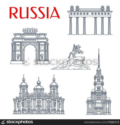Saint Petersburg travel landmarks, Russia famous architecture and sightseeing symbols. Vector Bronze Horseman monument, Peter and Paul Cathedral, Narva Triumphal Arch and Moscow Gate. Russian landmarks, Saint Petersburg architecture