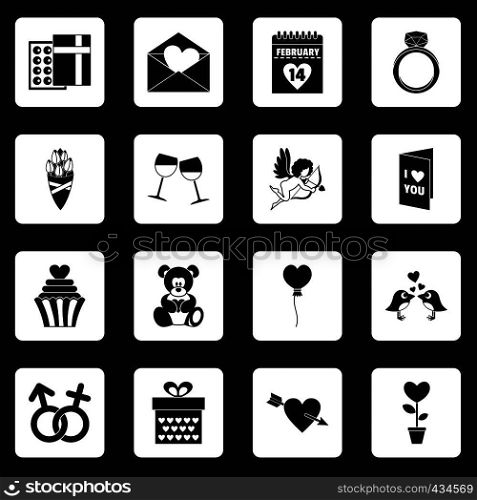 Saint Valentine icoins set in white squares on black background simple style vector illustration. Saint Valentine icons set squares vector