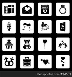 Saint Valentine icoins set in white squares on black background simple style vector illustration. Saint Valentine icons set squares vector
