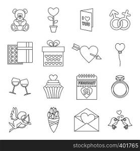 Saint Valentine icons set. Outline illustration of 16 Saint Valentine vector icons for web. Saint Valentine icons set, outline style