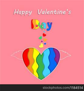 Saint Valentine Rainbow Paper Cut Heart with Wings Happy Valentines Day Greeting Card on Pink Background. Holiday Celebration, Lgbt Love and Gay Lesbian Loving Relation Freedom 3d Illustration. Rainbow Paper Cut Heart Valentines Greeting Card