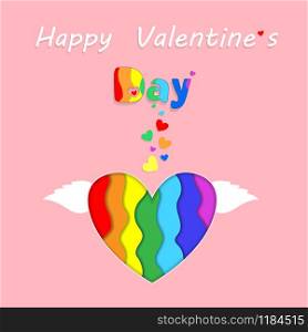 Saint Valentine Rainbow Paper Cut Heart with Wings Happy Valentines Day Greeting Card on Pink Background. Holiday Celebration, Lgbt Love and Gay Lesbian Loving Relation Freedom 3d Illustration. Rainbow Paper Cut Heart Valentines Greeting Card