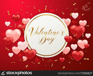 Saint Valentine&rsquo;s day greeting card with confetti and hearts on a red background. Golden round frame with lettering. Vector illustration.