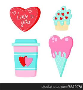 Saint Valentine s day vector set. Coffee, icecream, heart, puncake. All elements are isolated. Saint Valentine s day vector set. Coffee, icecream, heart, puncake