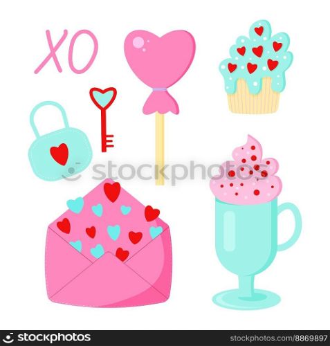 Saint Valentine s day vector set. Envelope, coffee, pancake, lollipip, lock and key. All elements are isolated. Saint Valentine s day vector set. Envelope, coffee, pancake, lollipip, lock and key