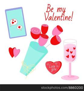 Saint Valentine s day vector set. Flowers, glass with hearts, phone with hearts. All elements are isolated. Saint Valentine s day vector set. Flowers, glass with hearts, phone with hearts