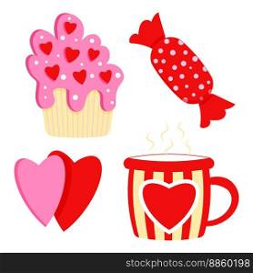 Saint Valentine s day vector set. Pancake, sweet, mug with heart, 2 hearts. All elements are isolated. Saint Valentine s day vector set. Pancake, sweet, mug with heart, 2 hearts