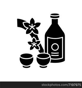 Sake black glyph icon. Japanese rice wine and sakura branch. Korean soju drink with two mugs. Asian liquor in bottle with shot cups. Silhouette symbol on white space. Vector isolated illustration